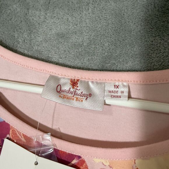 Quacker Factory Size 1X Pink Rhinestone Floral Short Sleeve Plus T-shirt Spring - Picture 2 of 9